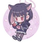  1girl animal_ears bangs bendy_straw black_hair black_hoodie blue_archive blush_stickers brown_pantyhose chibi drawstring drinking drinking_straw floral_background full_body hair_ornament hairclip halo hand_in_pocket highres holding hood hood_down hoodie kazusa_(blue_archive) koru_koruno long_sleeves multicolored_hair pantyhose pink_background pink_hair pleated_skirt puffy_long_sleeves puffy_sleeves red_eyes shoe_soles shoes skirt solo sparkle twitter_username two-tone_background two-tone_hair white_background white_footwear white_skirt 