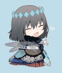  1boy ^_^ ^o^ alternate_hair_color arthropod_boy bangs black_hair blue_background blush chibi cloak closed_eyes commentary_request crown diamond_hairband fate/grand_order fate_(series) full_body fur_collar fur_trim heart highres insect_wings long_sleeves looking_back male_focus medium_hair oberon_(fate) oberon_(third_ascension)_(fate) official_alternate_costume open_mouth oyasumi_dm shirt simple_background smile solo white_shirt wings 