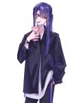  1boy baggy_clothes drinking_straw facing_viewer hands_in_pockets highres jewelry long_hair looking_to_the_side male_focus milk_carton nagao_kei nijisanji ponytail purple_hair ring s_poi_l solo strawberry_milk violet_eyes virtual_youtuber watch watch white_background 