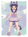  1girl an-chan_(ananna0315) animal_ears blue_one-piece_swimsuit blush brown_eyes collar commentary_request common_raccoon_(kemono_friends) fangs frilled_collar frilled_swimsuit frills full_body grey_hair highres kemono_friends kemono_friends_3 looking_at_viewer multicolored_clothes multicolored_hair multicolored_swimsuit neckerchief official_alternate_costume one-piece_swimsuit open_mouth plaid plaid_swimsuit raccoon_ears raccoon_girl raccoon_tail red_neckerchief red_one-piece_swimsuit sailor_collar sandals scrunchie short_hair solo swimsuit tail white_one-piece_swimsuit wrist_scrunchie 