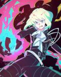  1boy aqua_fire belt black_gloves clenched_teeth fire flame gloves green_hair hair_between_eyes highres light_green_hair lio_fotia male_focus multicolored_eyes orange_eyes parted_lips pink_fire promare rit3set solo teeth thigh_strap v-shaped_eyebrows violet_eyes 