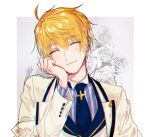  1boy ^_^ ahoge arthur_pendragon_(fate) arthur_pendragon_(white_rose)_(fate) bangs blonde_hair blue_necktie closed_eyes closed_mouth collared_shirt commentary_request fate/grand_order fate/prototype fate/prototype:_fragments_of_blue_and_silver fate_(series) floral_background flower formal hair_between_eyes hand_on_own_cheek hand_on_own_face head_rest jacket light_blush long_sleeves looking_at_viewer male_focus multicolored_background necktie official_alternate_costume rose_background shirt short_hair smile solo striped striped_shirt suit tie_clip two-tone_background upper_body vertical-striped_shirt vertical_stripes waistcoat white_jacket white_suit y-san_(yyyknk) 