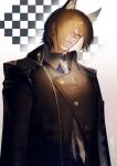  1boy absurdres animal_ear_fluff animal_ears arknights black_coat blonde_hair brown_eyes checkered_background closed_mouth clothes_writing coat dated expressionless gaanc_23_(tomosuge) head_tilt highres horse_ears looking_at_viewer mlynar_(arknights) necktie short_hair signature solo upper_body white_necktie 