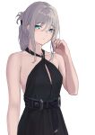  1girl 3_small_spiders absurdres alternate_hairstyle an-94_(girls&#039;_frontline) an-94_(silent_rouge)_(girls&#039;_frontline) aqua_hair backless_dress backless_outfit bare_shoulders blue_eyes dress evening_gown folded_ponytail girls_frontline halter_dress halterneck hand_up highres long_hair official_alternate_costume white_background 