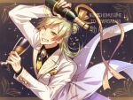  1boy alcohol anniversary black_background blonde_hair bottle clenched_teeth copyright_name cup drinking_glass formal green_eyes kumichou_musume_to_sewagakari lip_ring long_hair long_sleeves looking_at_viewer male_focus necktie pants pocket_square rarara_rasya simple_background solo sugihara_kei suit teeth white_pants white_suit wine_glass yellow_necktie 