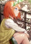  1girl bangs blue_eyes bow collared_shirt dappled_sunlight day denim denim_shorts fagi_(kakikaki) go-toubun_no_hanayome green_bow hair_bow looking_away medium_hair nakano_yotsuba orange_hair outdoors parted_lips railing shirt shorts sitting solo stone_wall sunlight sweater_vest wall white_shirt yellow_sweater_vest 