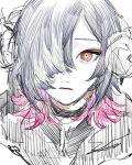  1boy black_choker choker closed_mouth diamond-shaped_pupils diamond_(shape) grey_background grey_hair hair_over_one_eye highres horns indie_virtual_youtuber looking_at_viewer male_focus multicolored_eyes multicolored_hair purple_hair red_eyes redhead rit3set simple_background sketch solo symbol-shaped_pupils upper_body virtual_youtuber yellow_eyes 
