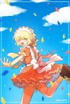  1girl apron birthday blonde_hair blue_sky cafe_mew_mew_uniform clouds confetti dated fong_pudding hs1122 maid maid_headdress open_mouth short_hair sky smile solo tokyo_mew_mew uniform waitress 