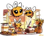  ! absurdres bee bee_(minecraft) blush bug cake cake_slice day eyelashes flower food highres honey honey_dipper indoors jar minecraft no_humans peargor 