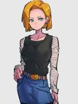  1girl android_18 belt black_shirt blonde_hair blue_eyes blue_skirt breasts brown_belt closed_mouth denim denim_skirt dragon_ball dragon_ball_z earrings grey_background jewelry kemachiku medium_breasts shirt short_hair simple_background skirt solo striped_sleeves white_sleeves 