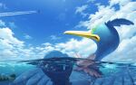  afloat aircraft airplane arrokuda bird closed_mouth clouds commentary_request cramorant day fish green_eyes highres no_humans outdoors partially_underwater_shot pokemon pokemon_(creature) rend sky water 