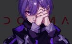  1boy black_background black_jacket highres jacket long_sleeves looking_at_viewer male_focus mono_palette. multicolored_clothes multicolored_jacket nail_polish open_mouth own_hands_clasped own_hands_together purple_hair purple_jacket s_poi_l short_hair solo utaite_(singer) violet_eyes yukimi_(utaite) 