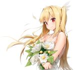  1girl bangs bare_shoulders blonde_hair blush bouquet breasts camisole flower hair_ornament highres holding long_hair looking_at_viewer mr1thonk non-web_source petals red_eyes serena_fuoco_brilliante_de_grazia small_breasts smile solo twintails upper_body violated_heroine 