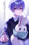  1boy black_sweater closed_mouth collared_shirt expressionless facing_viewer highres long_sleeves looking_to_the_side male_focus mono_palette. purple_hair s_poi_l shirt solo stuffed_animal stuffed_toy sweater translation_request utaite_(singer) violet_eyes white_shirt yukimi_(utaite) 
