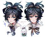  &gt;_&lt; 1boy :3 :d alternate_hairstyle bangs beruhamu black_hair blush blush_stickers bow cinnamoroll cosplay creature ear_bow english_commentary eyelashes folded_twintails genshin_impact hair_between_eyes hair_bow highres parted_lips simple_background smile striped striped_bow twitter_username updo venti_(genshin_impact) venti_(genshin_impact)_(cosplay) white_background xd 