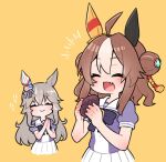  2girls :d ^_^ ahoge animal_ears black_bow blush bow brown_hair closed_eyes closed_mouth commentary_request copano_rickey_(umamusume) double_bun fang food food_request hair_bun hands_up holding holding_food horse_ears kuroshiro_gurei long_hair multicolored_hair multiple_girls orange_background palms_together pleated_skirt puffy_short_sleeves puffy_sleeves purple_shirt school_uniform shirt short_eyebrows short_sleeves simple_background skirt smile streaked_hair thick_eyebrows tracen_school_uniform umamusume very_long_hair white_hair white_skirt wonder_acute_(umamusume) 