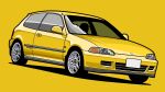  car commentary_request ground_vehicle highres honda honda_civic license_plate motor_vehicle no_humans original shadow simple_background vehicle_focus yellow_background yellow_theme yuh_7929 