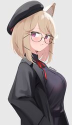  1girl animal_ear_fluff animal_ears arknights black-framed_eyewear black_coat black_headwear black_shirt blonde_hair blush breasts closed_mouth coat from_side glasses hat jacket large_breasts long_sleeves looking_at_viewer looking_to_the_side neck_ribbon official_alternate_costume open_clothes open_jacket ribbon shirt short_hair simple_background skeptycally solo upper_body utage_(arknights) utage_(disguise)_(arknights) violet_eyes white_background 