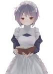  1girl apron bangs book brown_eyes closed_mouth expressionless hakodao081049 highres holding holding_book long_sleeves maid maid_apron nagato_yuki puffy_long_sleeves puffy_sleeves reading short_hair simple_background solo suzumiya_haruhi_no_yuuutsu violet_eyes white_apron white_background 