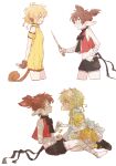  1boy 1girl animal_ears apron blonde_hair braid brown_hair cafe_mew_mew_uniform candy choker crying detached_sleeves fong_pudding food gloves holding holding_food holding_knife holding_weapon knife magical_girl maid maid_headdress mew_pudding midriff monkey_ears monkey_girl monkey_tail nuka_(nukamochi) pointy_ears puffy_detached_sleeves puffy_sleeves short_hair short_twintails shorts tail tart_(tokyo_mew_mew) tokyo_mew_mew twintails uniform waitress weapon yellow_eyes 
