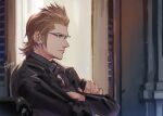  1boy artist_name black_jacket brown_hair collared_shirt crossed_arms facing_to_the_side final_fantasy final_fantasy_xv glasses grey_shirt hair_slicked_back hinoe_(dd_works) ignis_scientia indoors jacket long_sleeves looking_to_the_side male_focus open_collar shirt short_hair sideburns smile solo suit_jacket window 