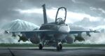  aircraft airplane clouds cloudy_sky commentary_request commission f-16_fighting_falcon fighter_jet grass highres jet kama_iruka military military_vehicle mountain no_humans original shadow skeb_commission sky vehicle_focus 