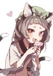  1girl :d animal_ears arolayukomori cat_ears cat_girl cat_tail chen fangs foul_detective_satori hat heart looking_at_viewer multiple_tails nekomata open_mouth short_bangs smile solo tail tail_raised touhou two_tails upper_body 