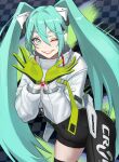  1girl absurdres aqua_eyes aqua_hair asymmetrical_bodysuit bangs black_bodysuit black_gloves bodysuit covered_navel cowboy_shot cropped_jacket gloves gmonya goodsmile_racing green_gloves hair_between_eyes hairpods hands_up hatsune_miku highres jacket long_sleeves looking_at_viewer one_eye_closed racequeen racing_miku racing_miku_(2022) shrug_(clothing) single_thighhigh smile solo thigh-highs twintails two-tone_gloves vocaloid white_jacket 