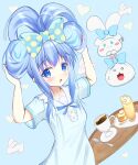  1girl alternate_hairstyle bangs blue_background blue_bow blue_eyes blue_hair blue_ribbon borrowed_hairstyle bow cinnamoroll cosplay dress fleina_note folded_twintails gochuumon_wa_usagi_desu_ka? hair_bow heart highres kafuu_chino long_hair open_mouth polka_dot polka_dot_bow ribbon sanrio short_sleeves tied_ears tippy_(gochiusa) very_long_hair white_dress 