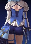  1girl absurdres back back_focus blue_hair from_behind head_out_of_frame highres hololive hoshimachi_suisei juliet_sleeves kuon_bb long_sleeves official_alternate_costume puffy_sleeves shorts sky solo star_(sky) starry_sky tassel thigh_strap virtual_youtuber 