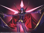  1boy black_background black_gloves cape code_geass code_geass:_genesic_re;code gloves helmet jumpsuit leaning_back lelouch_lamperouge looking_up male_focus official_art open_hands purple_cape purple_jumpsuit solo whoopin zero_(code_geass) 