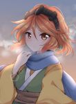 1girl black_hairband blue_scarf breasts brown_hair closed_mouth commentary_request genderswap genderswap_(otf) hairband hand_up highres japanese_clothes len&#039;en long_sleeves medium_hair orange_hair ougi_hina scarf shirt small_breasts solo upper_body wide_sleeves yellow_shirt zuifeng_tenkai