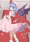  1girl bat_wings blue_hair bobby_socks clothes_lift dress hat lifted_by_self mob_cap open_mouth pink_dress puffy_sleeves red_eyes remilia_scarlet ruhika shoes sketch skirt skirt_hold skirt_lift socks solo touhou wings wrist_cuffs 