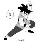  1boy absurdres arm_up bandaged_leg bandages bare_shoulders closed_mouth dougi dragon_ball dragon_ball_z fighting_stance fingernails greyscale hair_between_eyes hatching_(texture) highres horang4628 male_focus monochrome muscular muscular_male simple_background solo son_goku spiky_hair translation_request twitter_username v-shaped_eyebrows white_background wristband 
