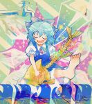  1girl bangs barefoot blue_bow blue_dress blue_hair blush bone bow bowtie cirno closed_eyes collared_shirt commentary_request dress fingernails fish green_background hair_between_eyes hand_up highres instrument itomugi-kun leg_up multicolored_background music open_mouth playing_instrument puffy_short_sleeves puffy_sleeves purple_background red_bow red_bowtie shirt short_hair short_sleeves sitting smile solo star_(symbol) starry_background tongue touhou triangle water white_shirt 