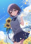  1girl :d bangs black_bow black_bowtie blue_sky blush bow bowtie brown_hair clouds commentary_request day flower grey_skirt grey_sweater_vest highres holding holding_flower looking_at_viewer mochigome_(ununquadium) open_mouth original outdoors red_eyes shirt short_hair skirt sky smile solo sunflower sweater_vest white_shirt 