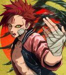  1boy bandage_on_face bandages bare_pectorals bleeding blood blood_from_mouth blood_on_face commentary_request facial_mark green_eyes jacket looking_at_viewer male_focus original pectorals redhead simple_background solo teeth yasuo_(chisyu0204) 