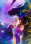  1girl absurdres artist_name blue_hair closed_eyes crying daikon_illustrations facing_to_the_side galaxy highres long_hair multicolored_hair original plant purple_hair signature sky solo star_(sky) starry_hair starry_sky tanabata 