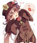  1girl :d bangs black_shorts boo_tao_(genshin_impact) brown_coat brown_hair brown_headwear coat commentary cowboy_shot fang flower genshin_impact hair_between_eyes hat hat_flower head_tilt highres hu_tao_(genshin_impact) long_hair long_sleeves looking_at_viewer nonon_impact notice_lines open_mouth paw_pose plum_blossoms porkpie_hat red_eyes red_nails red_shirt shirt shorts simple_background skin_fang smile speech_bubble star_(symbol) very_long_hair white_background wide_sleeves 