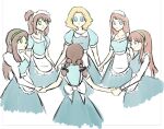  6+girls apron back blonde_hair blue_dress blue_eyes bow brown_hair circle_formation dress friends green_eyes happy holding_hands long_hair looking_at_another looking_at_viewer maid maid_apron maid_headdress multiple_girls original ponytail short_hair simple_background smile tostandout twintails 