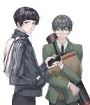  2boys absurdres backpack bag black_hair black_necktie cellphone closed_mouth earphones earphones frown glasses green_hair grey-framed_eyewear grey_eyes grey_hair hair_between_eyes hand_in_pocket highres holding holding_phone holding_sketchbook looking_at_viewer male_focus multicolored_hair multiple_boys necktie object_hug original phone school_uniform sketchbook smartphone smile spicy_oneself streaked_hair white_bag zipper zipper_pull_tab 