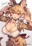  1girl animal_costume animal_ear_fluff animal_ears belt bow bowtie breasts brown_eyes brown_hair cat_ears cat_girl cat_tail highres iparupua kemono_friends kemono_friends_v_project large-spotted_genet_(kemono_friends) large_breasts long_hair looking_at_viewer microphone open_mouth ribbon shirt simple_background skirt smile solo tail twintails virtual_youtuber 