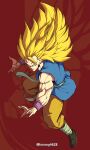  1boy absurdres bandaged_leg bandages bare_shoulders blonde_hair closed_mouth dougi dragon dragon_ball dragon_ball_z fighting_stance glowing glowing_eye green_eyes highres horang4628 long_hair looking_at_viewer male_focus muscular muscular_male no_eyebrows purple_wristband red_background solo son_goku spiky_hair super_saiyan super_saiyan_3 twitter_username very_long_hair wristband 