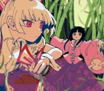 2girls arm_up arms_up baggy_pants bamboo bamboo_forest bamboo_print bangs belt black_hair blonde_hair blouse blue_eyes blue_sky blush bow bowtie breasts buttons closed_mouth collared_shirt commentary_request floral_print flower forest fujiwara_no_mokou full_moon grass grey_belt grey_bow grey_bowtie hair_bow hand_up hands_up houraisan_kaguya itomugi-kun leaf long_hair long_skirt long_sleeves looking_at_another medium_breasts moon moonlight multicolored_bow multiple_girls nature night night_sky ofuda ofuda_on_clothes open_mouth outdoors pants pink_shirt purple_flower purple_pants purple_skirt red_bow red_eyes shirt short_sleeves sidelocks skirt sky standing touhou v-shaped_eyebrows wide_sleeves wrist_cuffs yellow_bow yellow_moon yellow_shirt