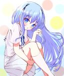  1girl bangs blue_eyes blue_hair collared_shirt fleina_note floating_hair gochuumon_wa_usagi_desu_ka? hair_between_eyes hair_ornament hugging_own_legs kafuu_chino long_hair looking_at_viewer miniskirt open_mouth pleated_skirt sailor_collar sailor_shirt shiny shiny_hair shirt short_sleeves sitting sketch skirt socks solo very_long_hair white_sailor_collar white_shirt white_skirt white_socks x_hair_ornament 