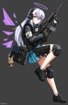  1girl absurdres arknights armband bag bag_charm bangs black_footwear black_gloves black_jacket blue_skirt charm_(object) commentary_request commission detached_wings full_body gloves grey_background grey_hair gun h&amp;k_mark_23 hair_between_eyes halo handgun highres holding holding_gun holding_weapon jacket knee_pads long_hair looking_at_viewer ndtwofives original pleated_skirt purple_wings ribbed_socks shoes shoulder_bag simple_background skirt socks solo stuffed_animal stuffed_bunny stuffed_toy twitter_username very_long_hair violet_eyes weapon white_socks wings 