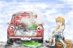  1girl antifreeze car commentary_request engine ground_vehicle mini_cooper motor_vehicle original redhead smoking tomboy tridokodemo 