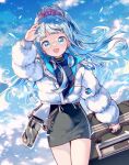  1girl :d absurdres alice_fiction arm_up black_skirt blue_eyes blue_hair blue_shirt blue_sky character_request clouds commentary day hair_ornament hair_scrunchie headphones headphones_around_neck highres holding jacket long_hair long_sleeves looking_at_viewer mechuragi open_clothes open_jacket outdoors ponytail puffy_long_sleeves puffy_sleeves purple_scrunchie scrunchie shirt skirt sky smile solo suitcase very_long_hair white_jacket 