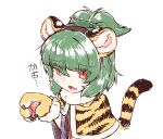  1other adagumo_no_saragimaru androgynous animal_ears animal_hands animal_print bangs blunt_bangs capelet commentary_request eyes_visible_through_hair fake_animal_ears fake_tail fang gloves green_hair hand_up len&#039;en open_mouth paw_gloves red_eyes short_ponytail simple_background skin_fang snake solo tail tiger_print translation_request white_background yuejiao_tuan 