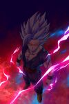  1boy absurdres cell_max clenched_hand closed_mouth dougi dragon_ball dragon_ball_super dragon_ball_super_super_hero electricity glowing glowing_eyes gohan_beast highres looking_at_viewer male_focus muscular muscular_male papita_pochi red_eyes short_hair simple_background solo son_gohan spiky_hair spoilers super_saiyan white_hair wristband 